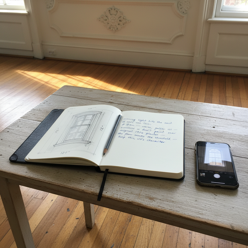 Open notebook with architectural sketches and handwritten observations resting on a wooden table in a sunlit room