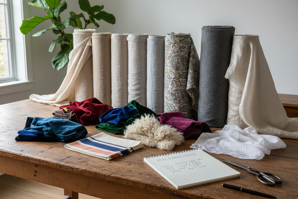 Textile library spread across a worktable — bolts of linen, velvet swatches, raw silk, and a notebook listing Studio Collective fabric sources