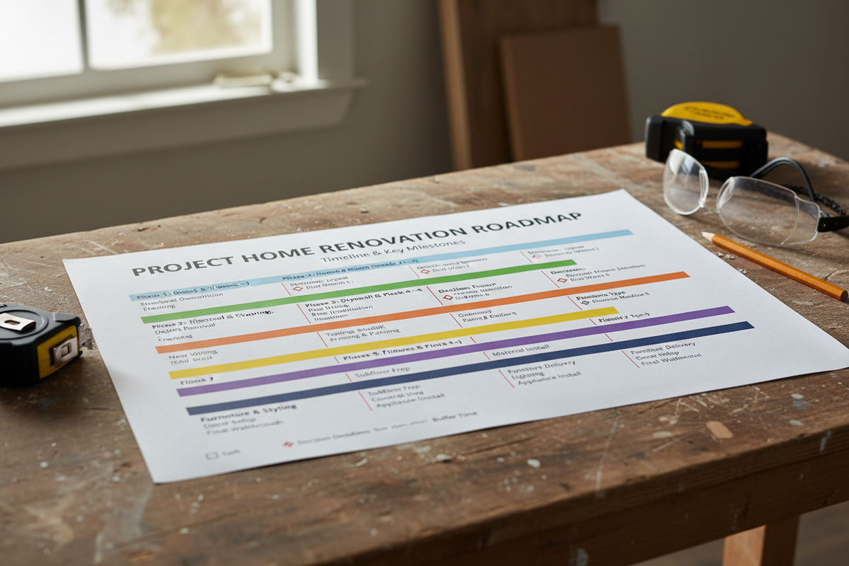 Printed renovation roadmap with a Gantt-chart-style phased timeline showing construction sequence, sub-tasks, and decision deadlines