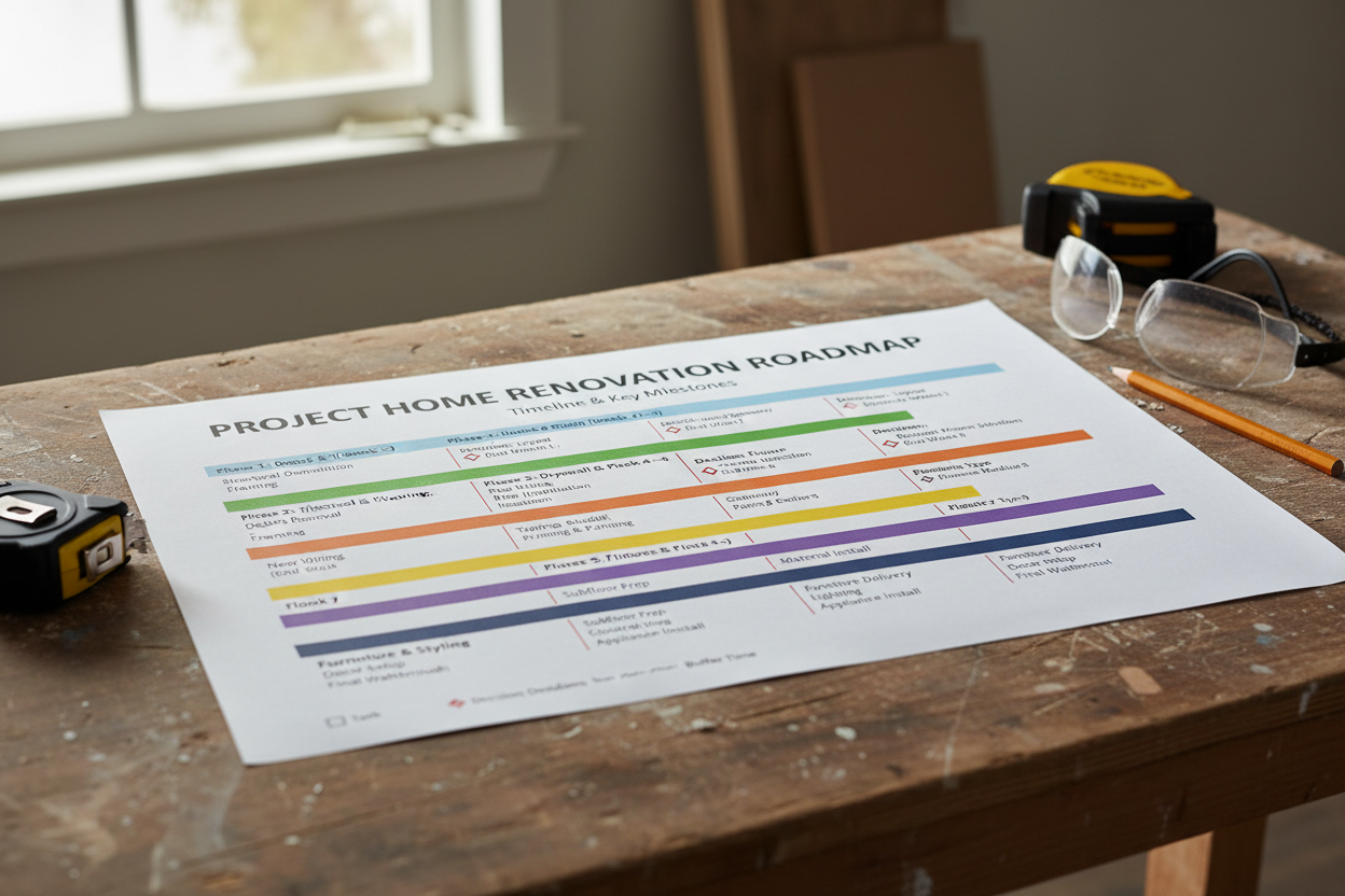 Printed renovation roadmap with a Gantt-chart-style phased timeline showing construction sequence, sub-tasks, and decision deadlines