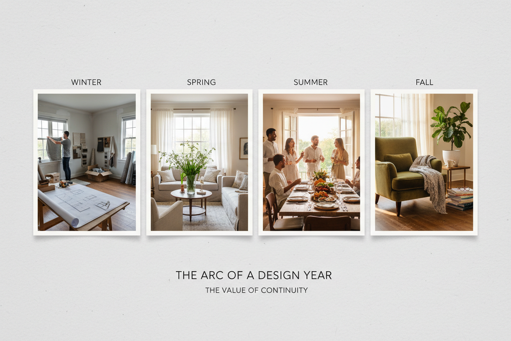Four seasonal photographs in a line showing the arc of a design year — room in progress, room completed, entertaining in the space, and the space matured and lived-in