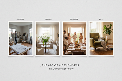 Four seasonal photographs in a line showing the arc of a design year — room in progress, room completed, entertaining in the space, and the space matured and lived-in