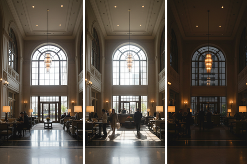The same hotel lobby photographed at morning, afternoon, and evening — three lighting personalities from the same space