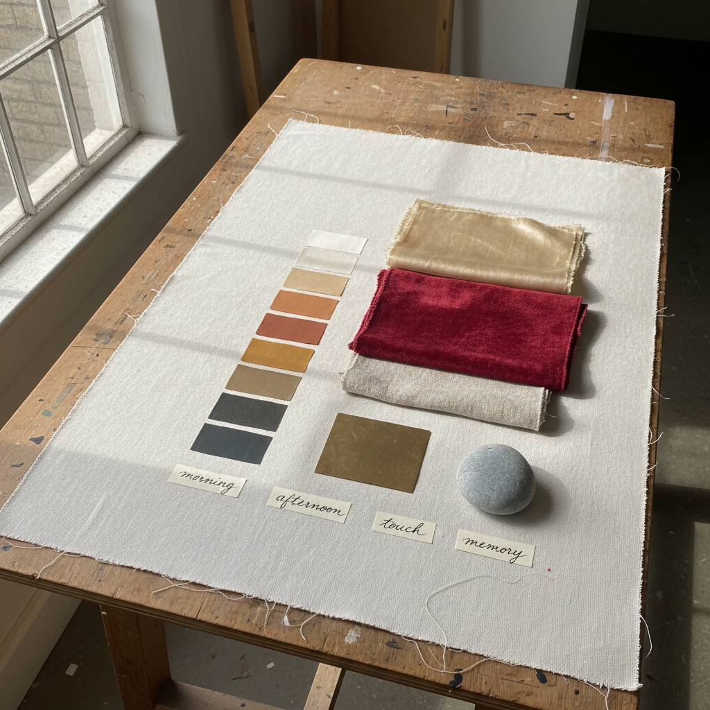 Raw canvas on a worktable with paint chips, fabric swatches, unlacquered brass, and a beach stone arranged with handwritten material labels