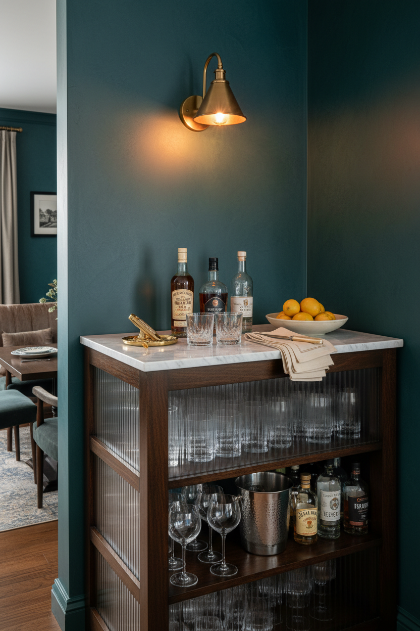 A beautifully styled home bar with intentionally arranged bottles, rocks glasses, brass tray, ceramic bowl of lemons, and warm focused lighting