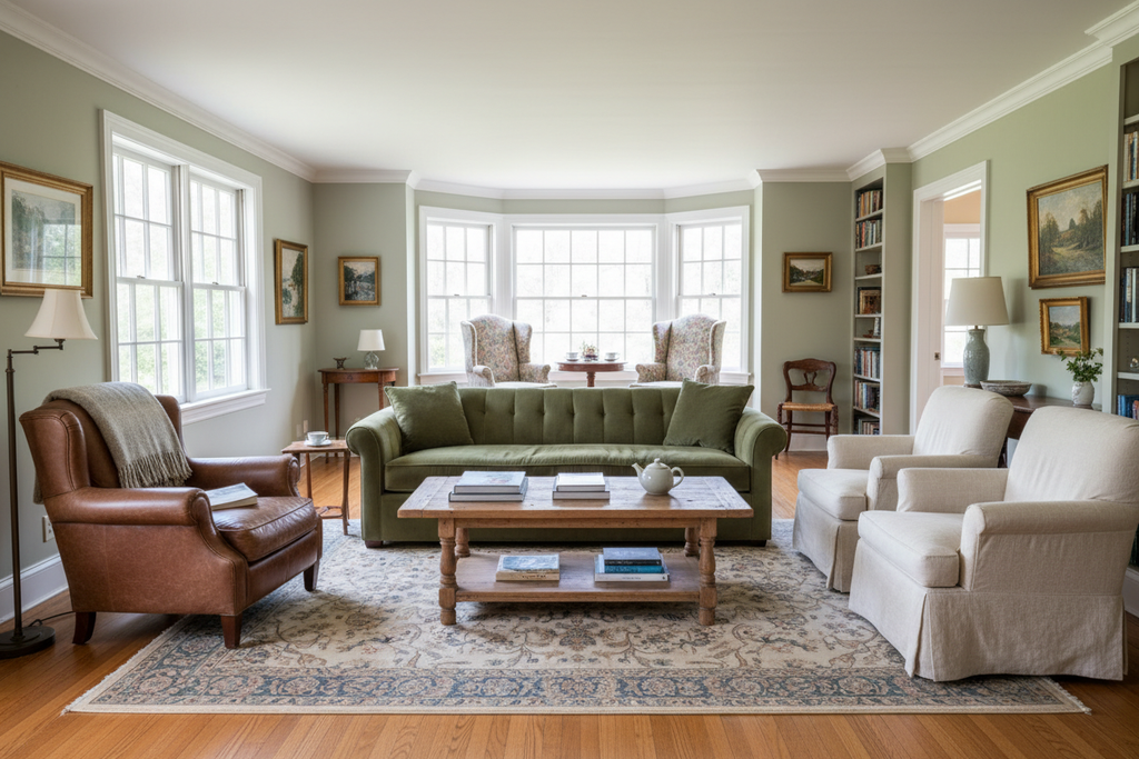 Living room with intentional furniture arrangement — multiple conversation clusters including a solo reading chair and a private window pair