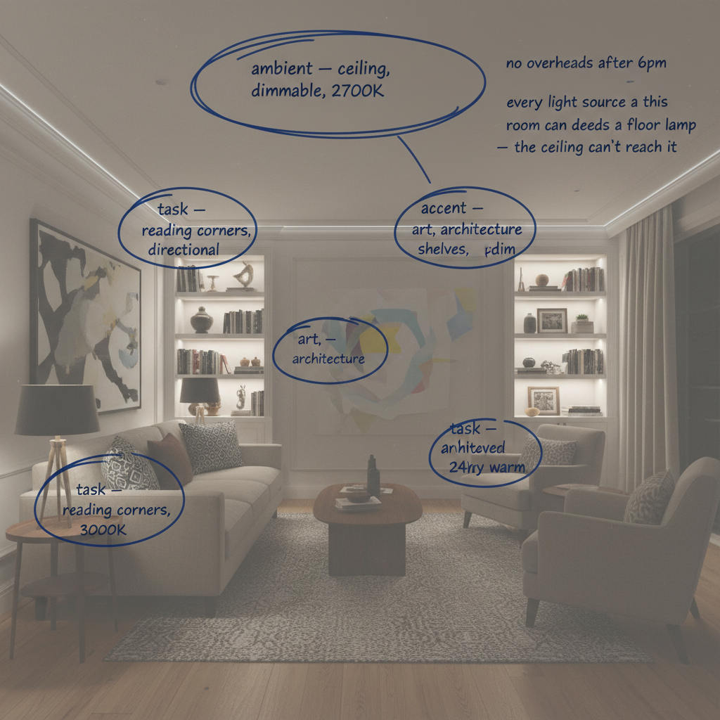 Lighting plan diagram overlaid on a room photo with annotated ambient, task, and accent sources and designer margin notes