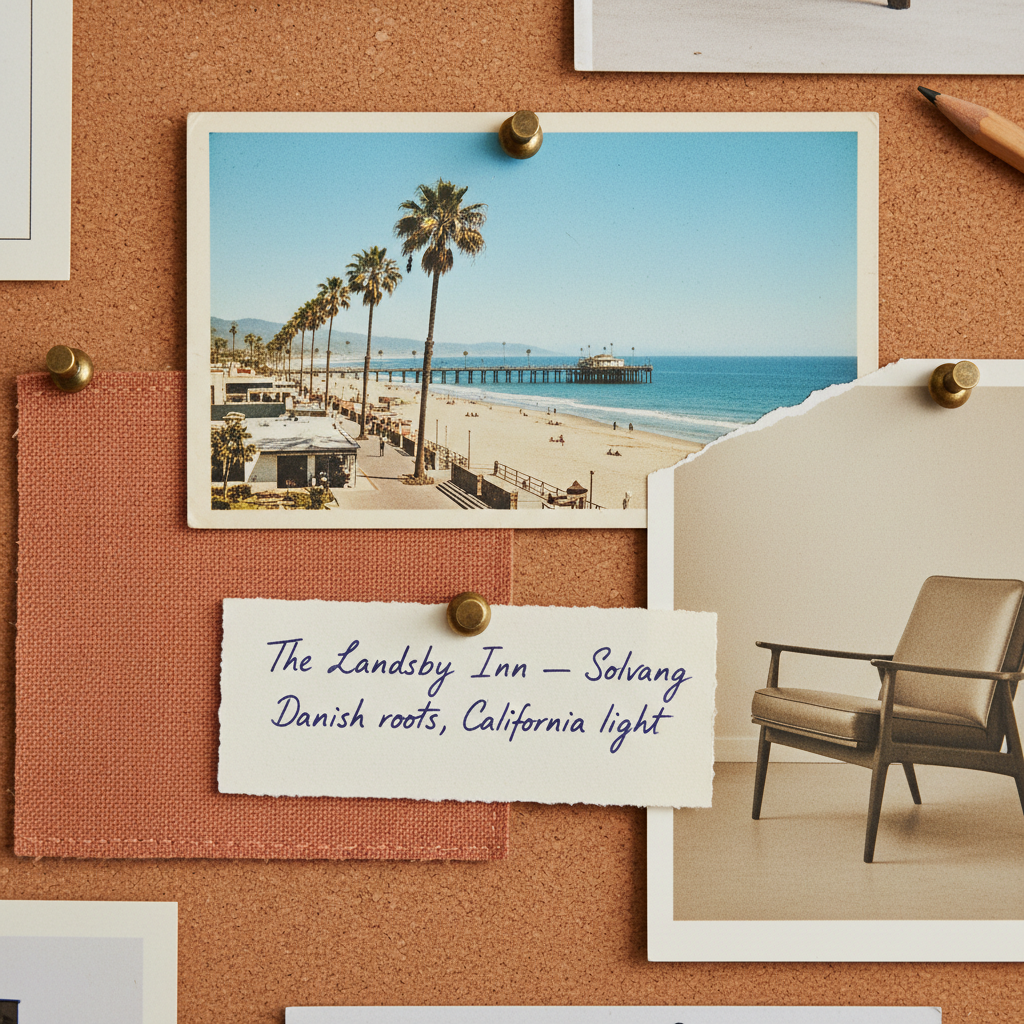 Close-up of a mood board with vintage postcard, terracotta fabric swatch, and midcentury chair photo with handwritten tag