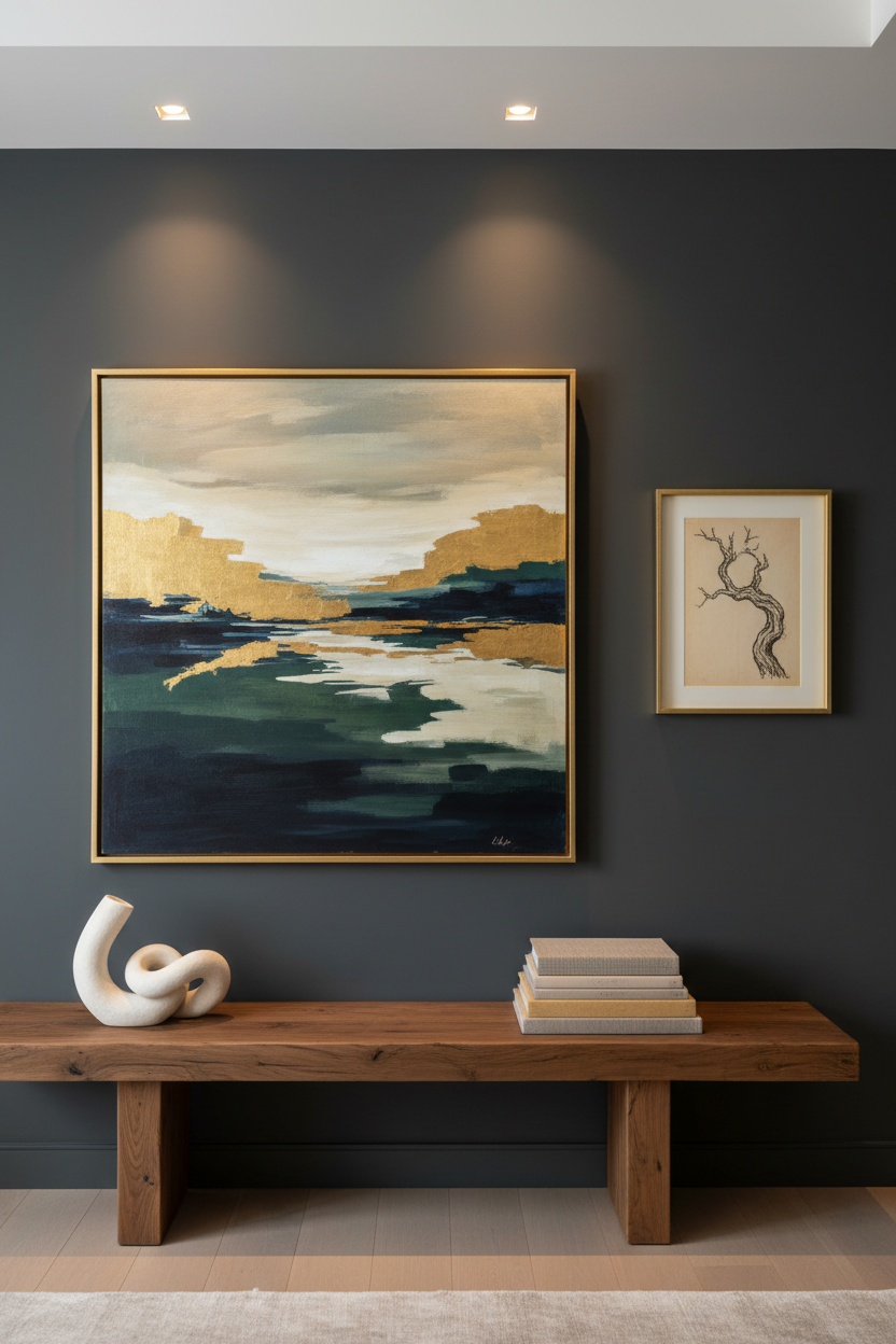 Finished room wall with a large statement piece at eye level, a console with sculpture and books below, and a smaller related piece to the side — art placed with intention