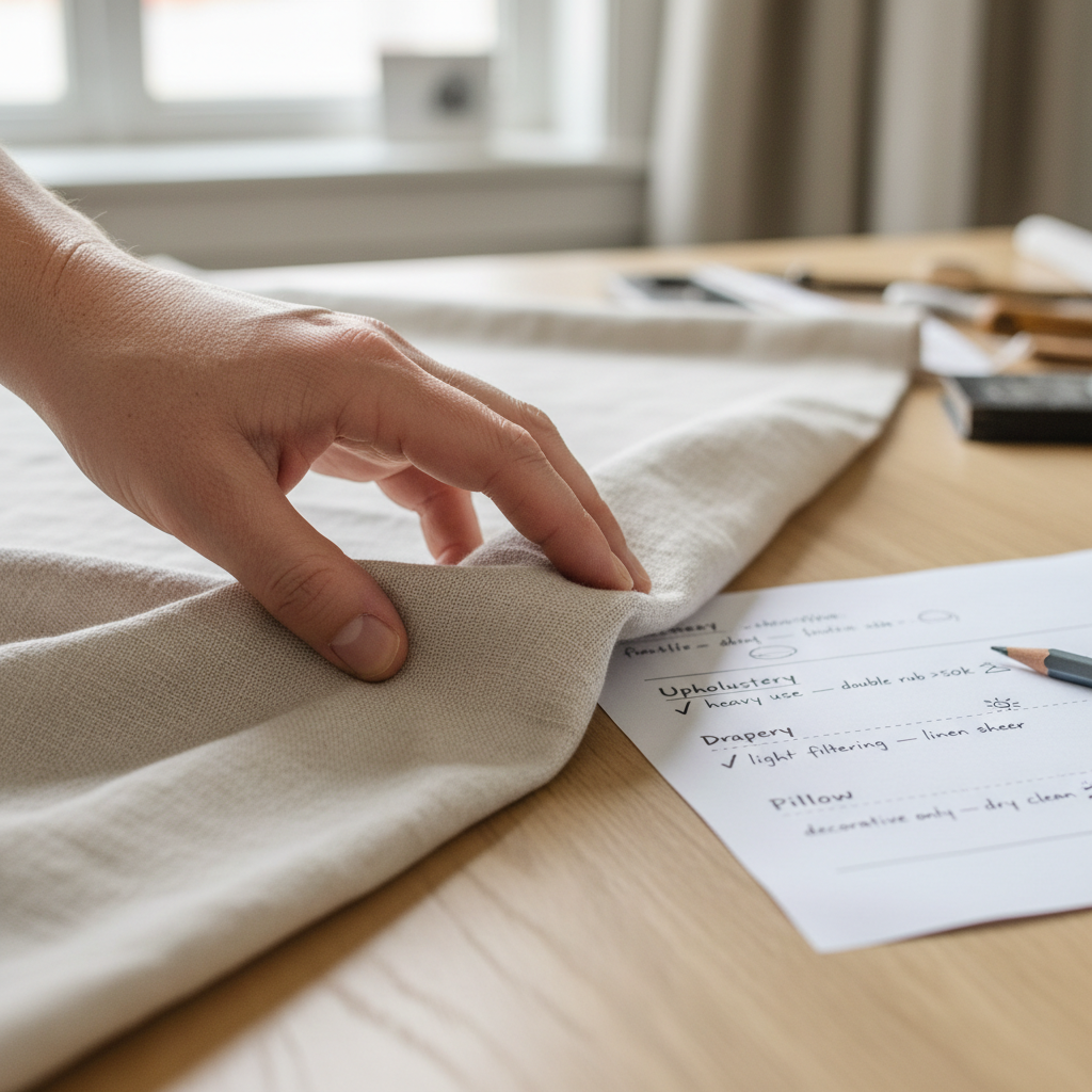 Hand testing a linen swatch between fingers beside a fabric specification sheet with upholstery, drapery, and pillow notes