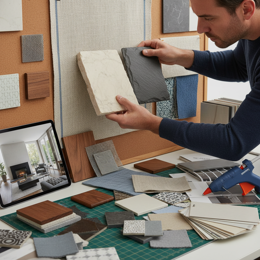 Designer's hands comparing two stone samples against a fabric swatch at a desk covered in material options, with a tablet showing the room in the background