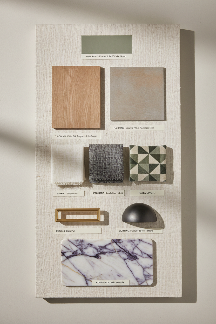 Physical material board on linen-covered foam core with paint chip, flooring, fabric swatches, metal finishes, and stone sample — each labeled with a typed card