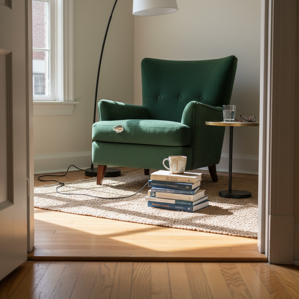 View from a doorway at hip height into a thoughtfully designed room, honest and unstyled, showing what a first-time guest would notice