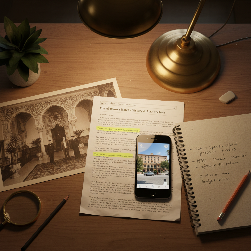 Desk covered in archival research materials, notebook with handwritten timeline, and smartphone showing Google Street View