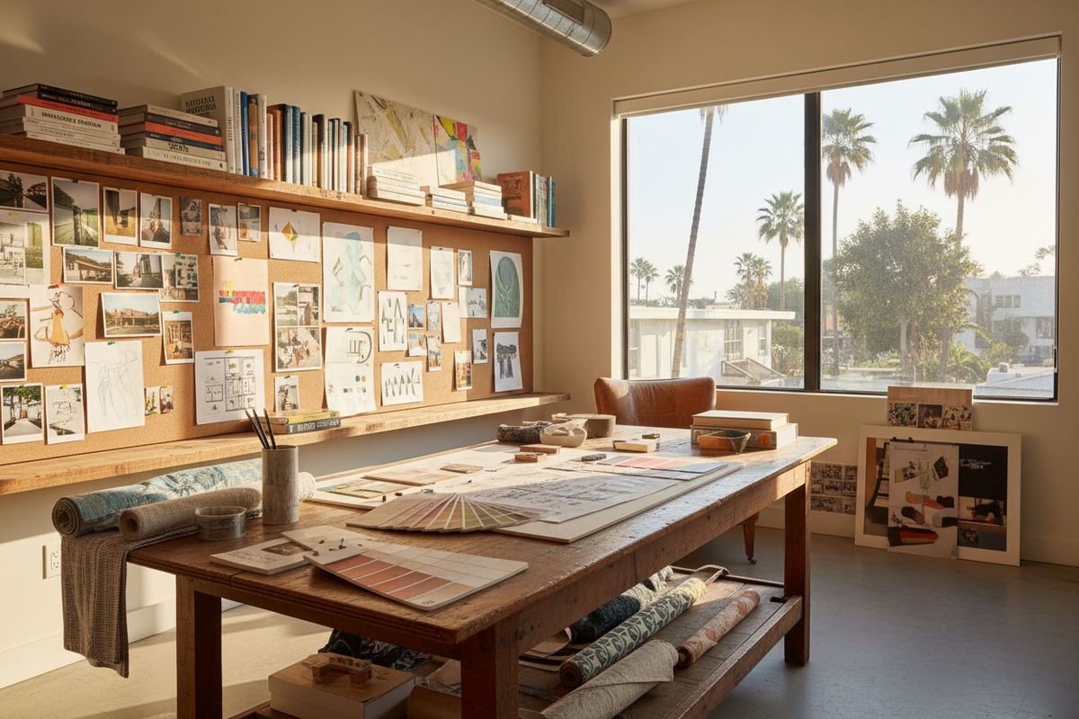 The interior of Studio Collective's Venice studio — worktable covered in material samples, design books on shelves, pinboard with inspiration, California light through the windows