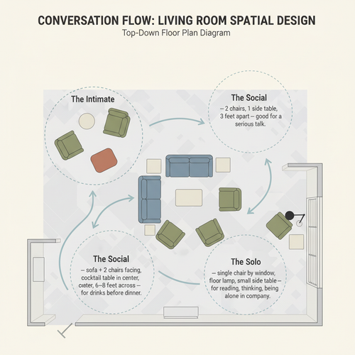 Top-down floor plan diagram showing three labeled seating clusters with movement arrows — intimate, social, and solo conversation zones