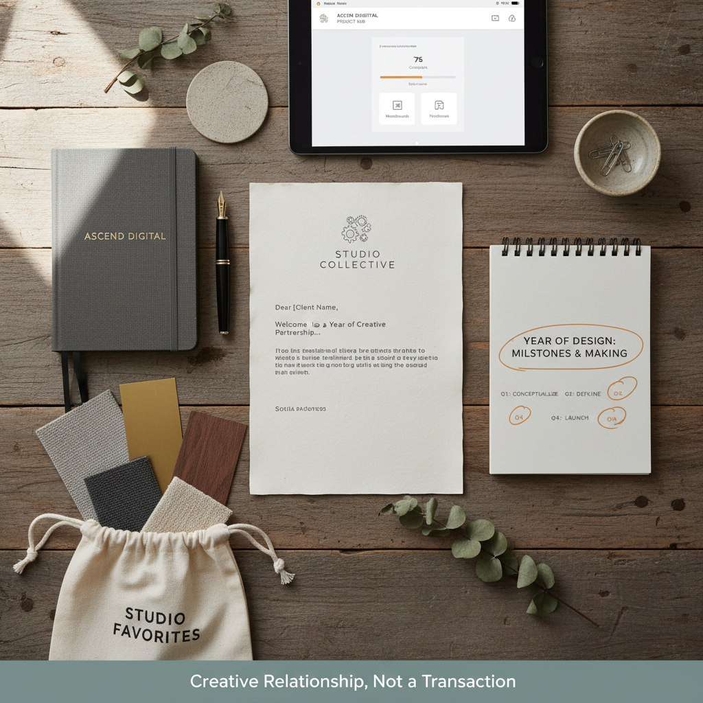 Flat lay of the Annual Design Retainer welcome package — letterhead, linen-bound notebook, material samples in a cotton pouch, year calendar with quarterly milestones, and client portal on tablet