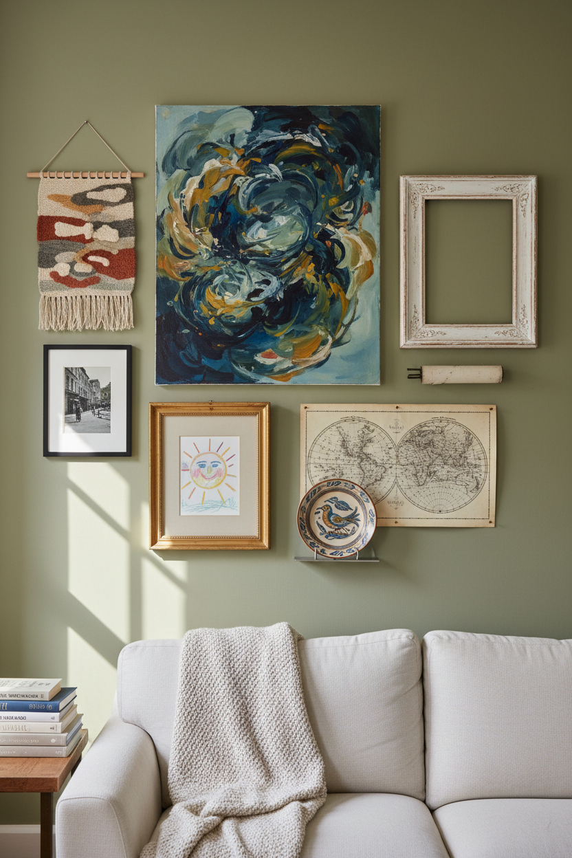 An organic gallery wall mixing a large abstract painting, photograph, textile, child's drawing, vintage map, ceramic plate, and empty frame — personal meaning over matching