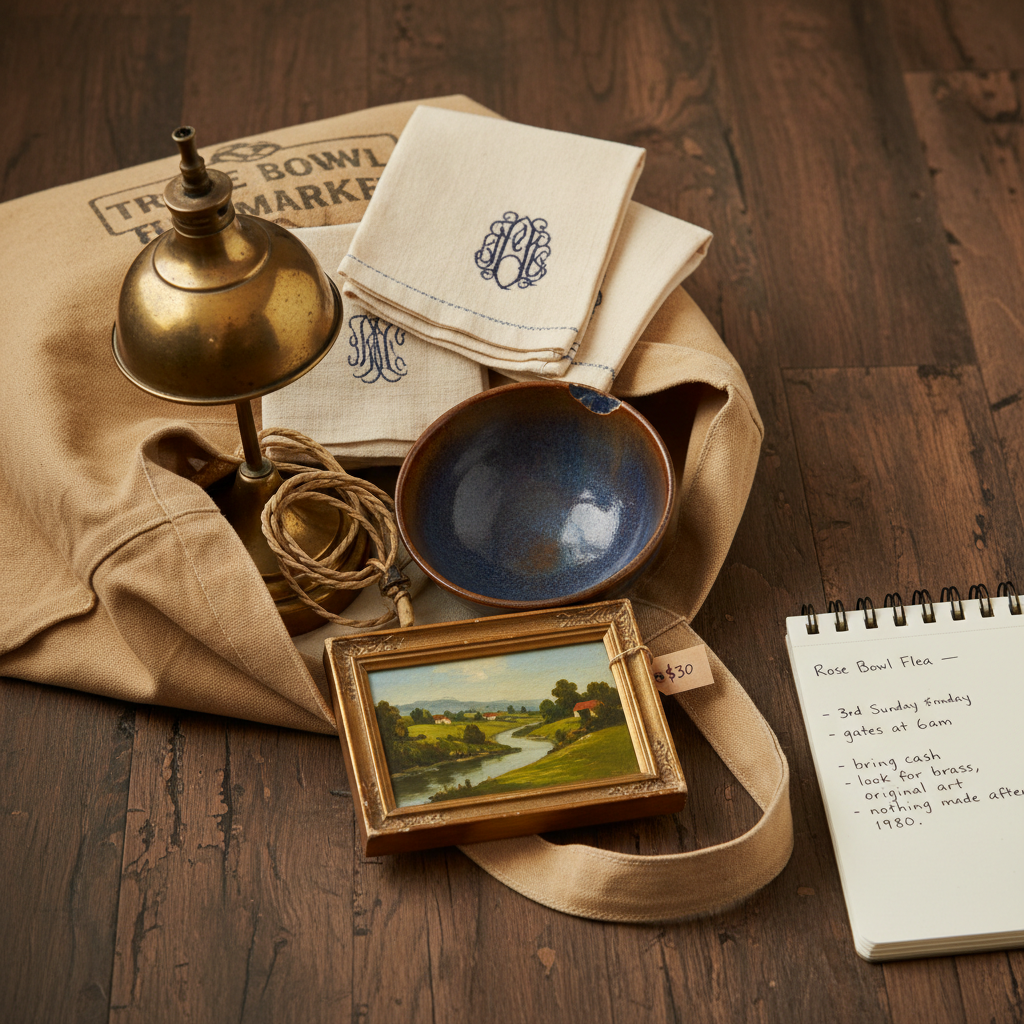 Open vintage shopping tote on a wooden floor revealing a brass lamp, linen napkins, ceramic bowl, and oil painting alongside a handwritten flea market notebook
