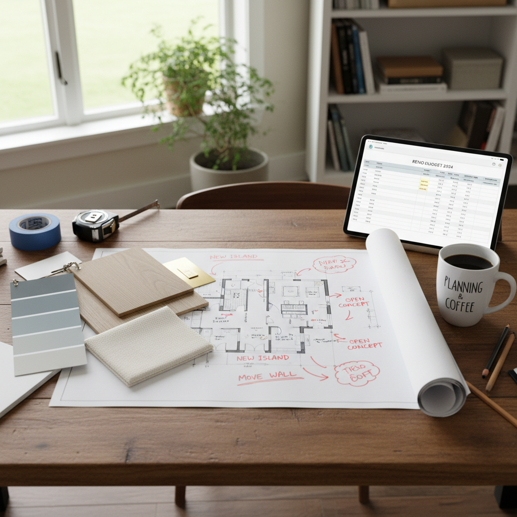Desk with renovation planning documents — marked-up floor plan, material sample chain, budget spreadsheet on tablet, and coffee mug