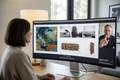 Studio Collective designer on a video call sharing a curated artwork selection with an engaged client pointing at the screen