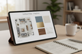 Digital design presentation open on a tablet showing a furniture floor plan and material palette, with a notebook and coffee cup on the desk behind it