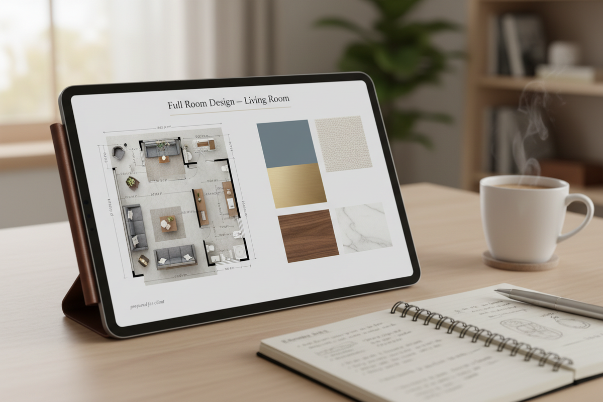 Digital design presentation open on a tablet showing a furniture floor plan and material palette, with a notebook and coffee cup on the desk behind it