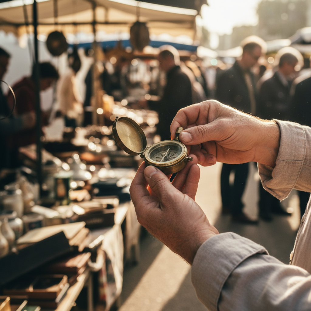 Designer's hand examining a vintage brass object for a maker's mark against the blur of a flea market aisle