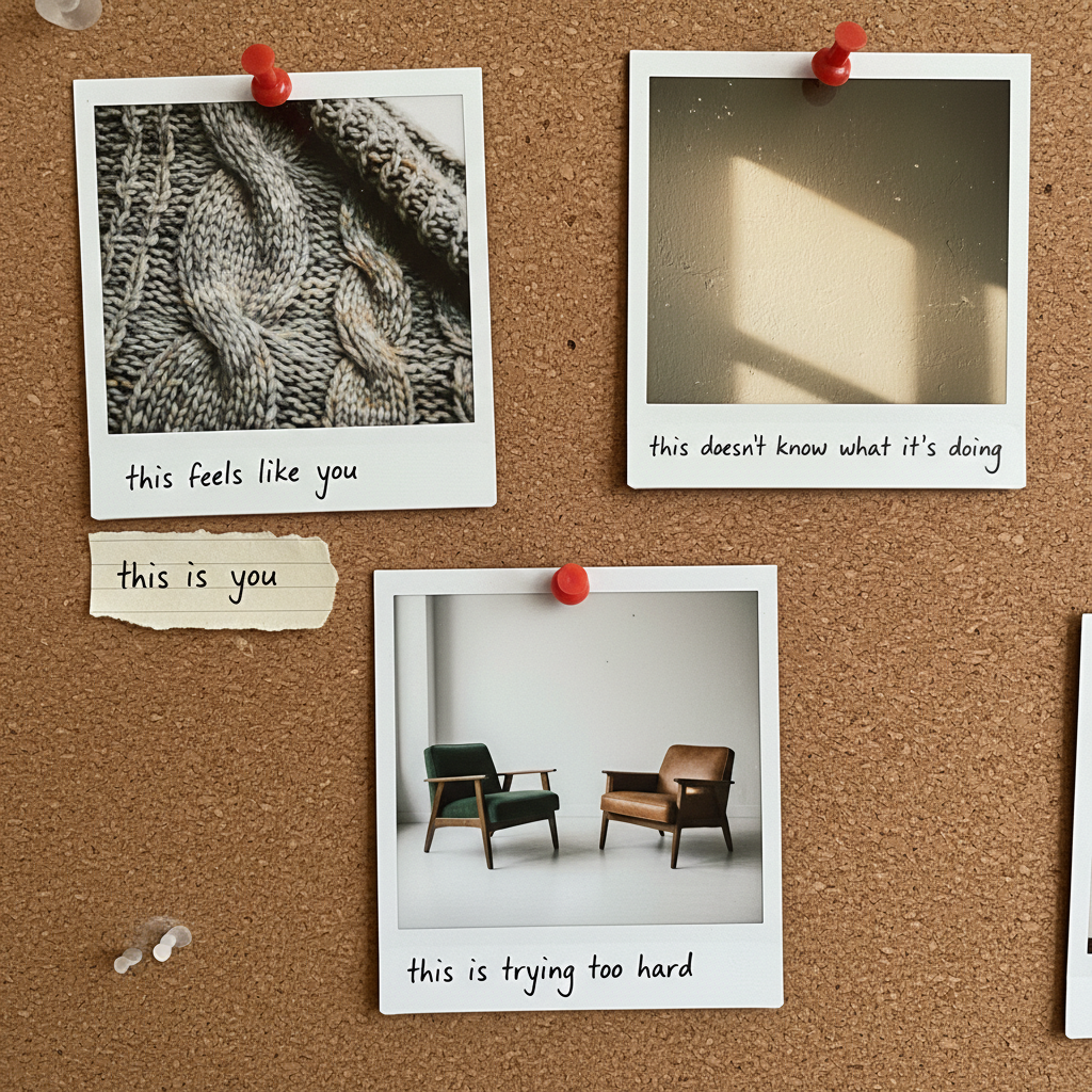 Three Polaroid photos pinned to a cork board with handwritten observations about room details